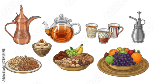 A diverse collection of Middle Eastern food and drink items, including nuts, fruits, pastries, and tea