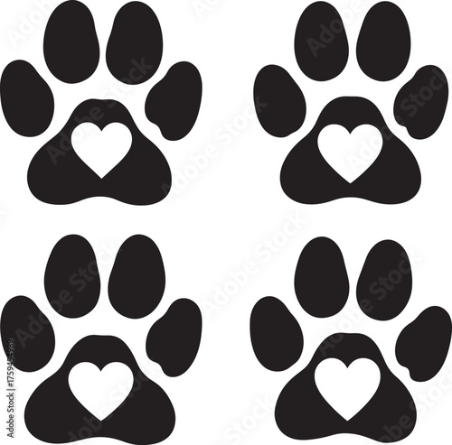 Four black paw prints with white hearts silhouette