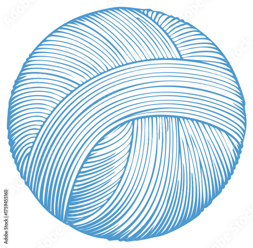 Hand drawn illustration of a blue ball of yarn in a circular shape