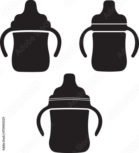 Three baby sippy cups with handles silhouette