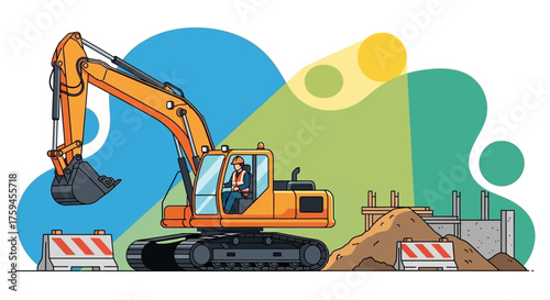 Construction worker operates an excavator at a building site symbolizing progress and industry