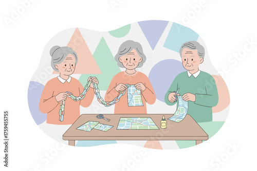 Elderly people enjoy crafting map paper chains together fostering creativity and social connection