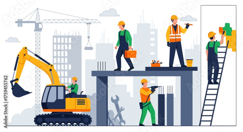Builders at a busy construction site Urban development teamwork and infrastructure progress
