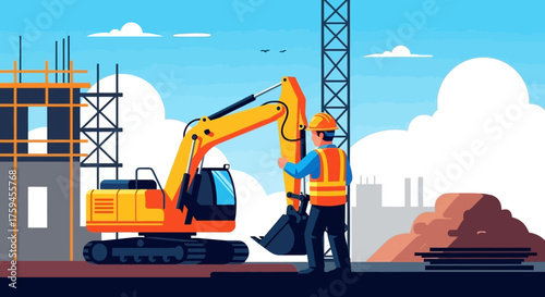 Worker overseeing excavator operation at a bustling construction site symbolizing industry and progress