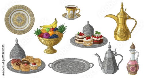 Collection of traditional Arabic coffee pot, sweets, fruit bowl, and plates