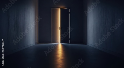 A dimly lit hallway with textured walls leads to an open door, from which a bright, warm light spills out, symbolizing hope, opportunity, or a new beginning