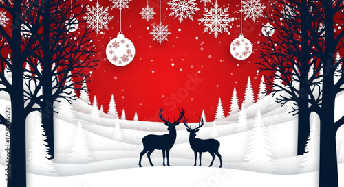 christmas card with reindeer. Christmas background. Winter landscape with deer. White fairy forest. Christmas landscape paper cut style.
