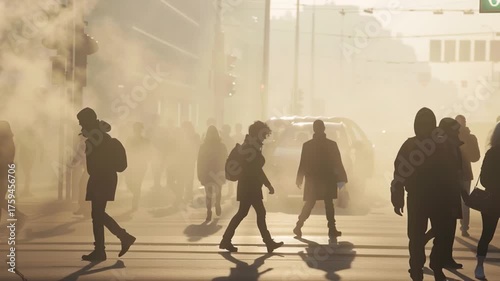 People walking on a street of a polluted city. Air pollution concept.