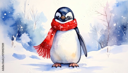 Adorable Penguin in Red Scarf Watercolor Painting
