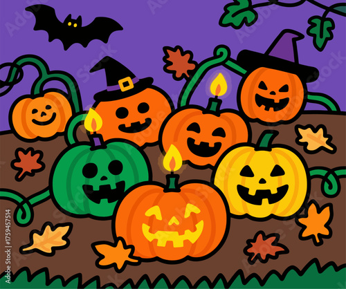 Colorful Halloween Pumpkin Patch Vector Illustration, Green Yellow Orange Jack-o-Lanterns, Witch Hats, Candles, Bat, Autumn Leaves