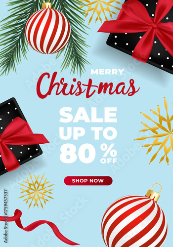 Christmas Sale background with present and ornament. Xmas discount banner big sale, final sale background. Offer for marketing poster design for web and Social.