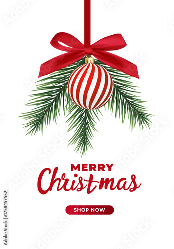 Christmas balls Red and white striped hang on red satin ribbon with bow. Xmas background for l festive mood for holiday campaigns, winter celebrations, festive greeting cards, or seasonal marketing of