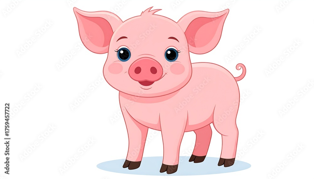 Naklejka premium Cartoon depiction of a cute, pink piglet with big, blue eyes