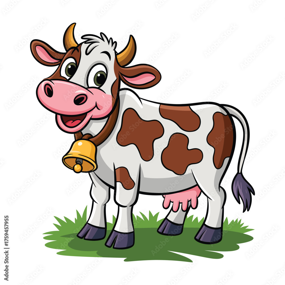 Fototapeta premium Cute Cartoon Cow Smiling on Grass with Golden Bell