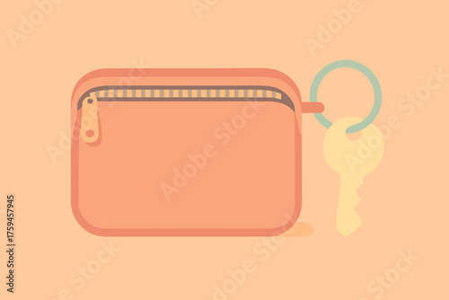 Background zipped vector flat pouch wallet lying minimalist keyring illustration stylized attached