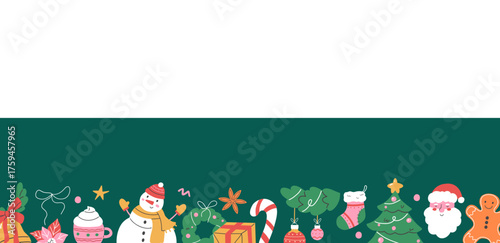 Christmas horizontal background, border, banner in flat style. Modern Christmas design with hand-drawn Christmas tree, gifts, Santa, sock, and bell. Vector illustration.