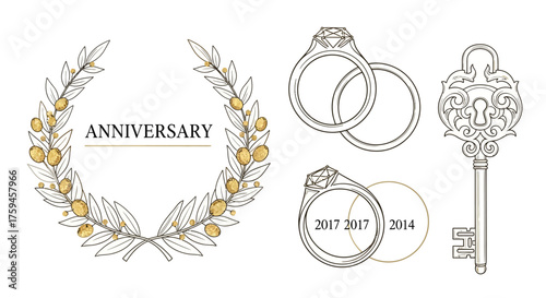 Elegant anniversary vector elements with laurel wreath, dated rings, and key & lock for milestone celebrations