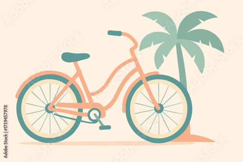 Bicycle cruiser simple beach palm illustration tires tree vector frame