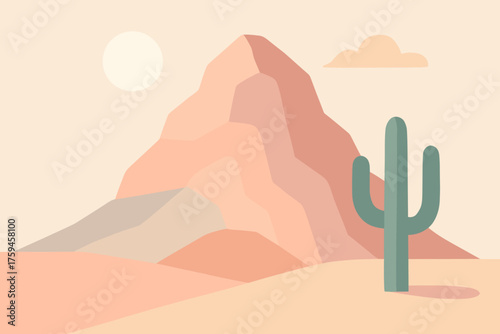 Vector illustration rock pastel formations stylized nearby scene flat cactus mountain desert