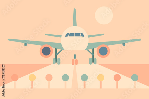 Landing geometric lights vector wheels pastel airplane extended runway minimalism illustration