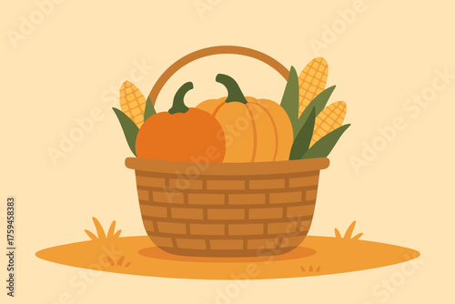 Resting corn flat vector illustration autumn harvest brimming grass stylized basket