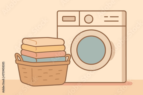Basket neatly art tones beside laundry machine background full vector illustration minimalist