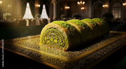 Exquisite dessert: Close-up of baklava roll with pistachios on a decorative tray