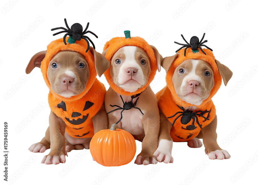 Fototapeta premium Triple the Treats: Cute Puppies in Pumpkin Costumes for Halloween isolated on a transparent background