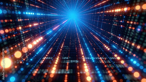 Fototapeta Naklejka Na Ścianę i Meble -  Abstract Digital Tunnel with Glowing Blue and Orange Lights.