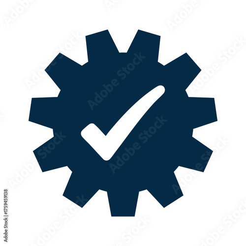 A dark blue cogwheel (gear) icon with a white checkmark (tick) in the center, isolated on a white background. This symbol signifies successful settings, process completion, quality assurance, system