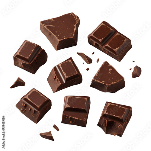 Delicious broken dark chocolate pieces, rich cocoa texture perfect for dessert, food, and advertising design projects. Isolated on white or transparent background. PNG format.