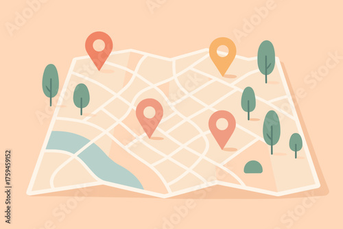 Map table road pins city vector location illustration trees simplified minimalist