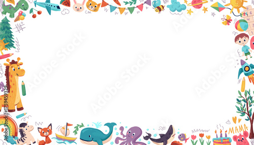 Colorful kindergarten crayon frame border with doodles drawn by colorful crayons. Childlike bg with crayon, marker and childish drawings. Vector illustration for certificate, diploma, poster