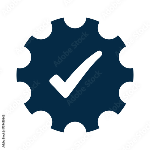 A dark blue cogwheel (gear) icon with a white checkmark (tick) in the center, isolated on a white background. This symbol signifies successful settings, process completion, quality assurance, system