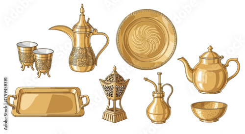 Collection of Golden Middle Eastern Traditional Metalware and Tea Set Accessories