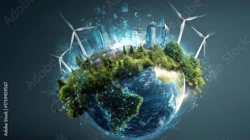 Renewable energy and sustainable city on the earth globe concept