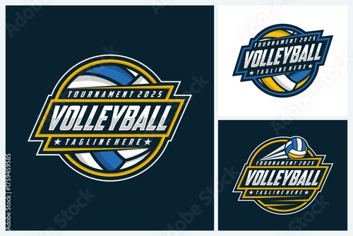 Volleyball logo badge design vector, volleyball team emblem logo design vector illustration template, volleyball tournament logo concepts with ball and stars