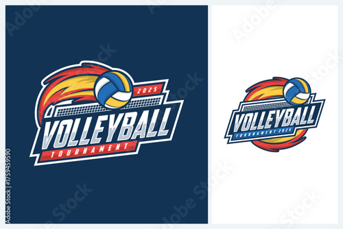 Volleyball logo badge design vector, volleyball team emblem logo design vector illustration template, volleyball tournament logo concepts with fire and ball
