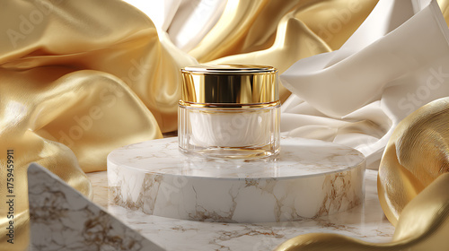 Luxurious cosmetic cream jar presented on a marble pedestal amidst flowing golden and white satin fabric, evoking elegance and premium skincare.