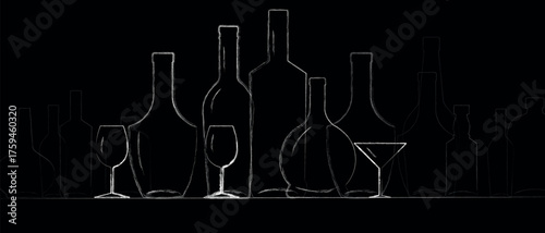 Alcohol bottle set, cognac, brandy, and wine collection, hand-drawn vector outline, line art. Black background, chalk drawing, restaurant banner, pub, alcohol menu, sommelier, whiskey tasting, drinks