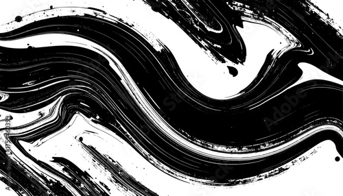 Abstract black paint brush strokes form dynamic swirling motion on a white background, perfect for modern design or creative backgrounds.