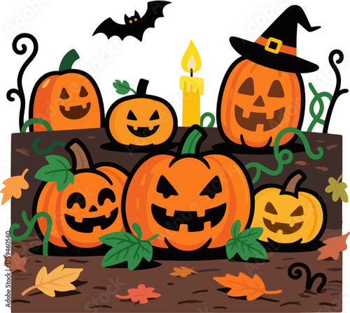Cartoon Halloween Pumpkin Patch Vector Illustration, Jack-o-Lanterns, Witch Hat, Candle, Bat, Pumpkin Vines, and Autumn Leaves