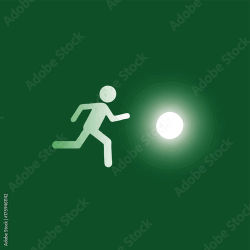 A minimalist illustration shows a stick figure running towards a bright, glowing light source against a dark green background.