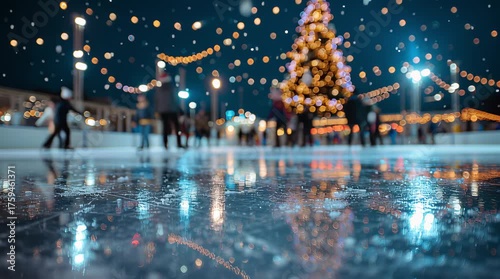 Nighttime ice skating on an outdoor rink with sparkling snow, illuminated Christmas tree, and colorful festive lights. Reflections on the ice create a joyful, magical winter mood. Holiday video