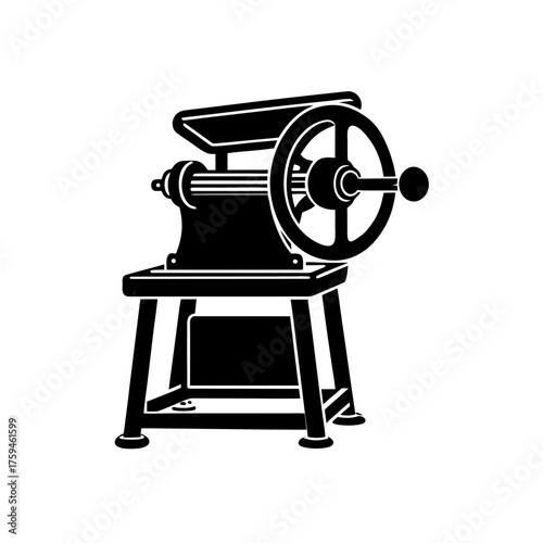 Black vintage meat grinder on stand on transparent background silhouette