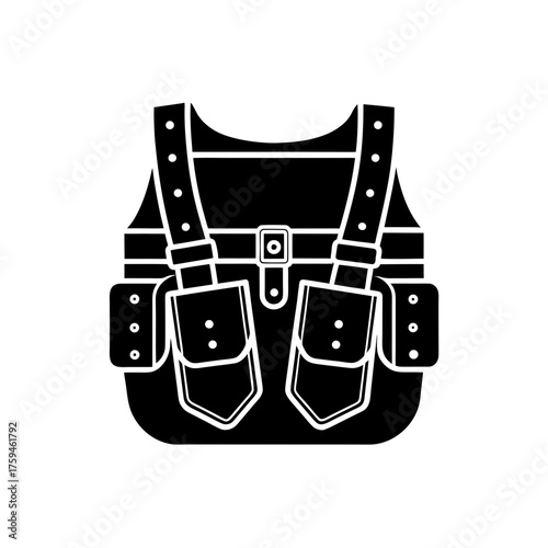 Black tactical vest with pockets on transparent background silhouette