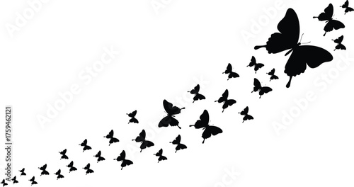 Butterfly swarm flying in diagonal formation, black silhouette insect pattern, freedom in motion, elegant nature vector, cad drawing flat vector illustration