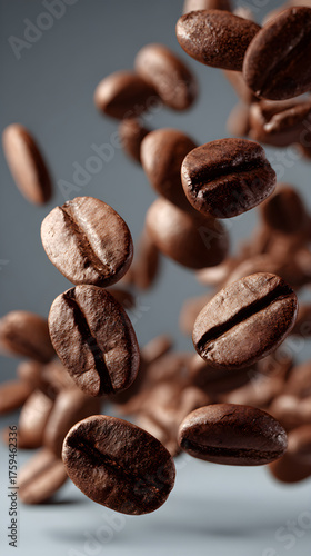Falling roasted coffee beans in motion, close-up macro shot on neutral background