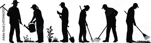 Gardener people working in garden with rake shovel watering can, farming teamwork agriculture maintenance silhouette, cad drawing flat vector illustration, landscape design concept, outdoor labor art