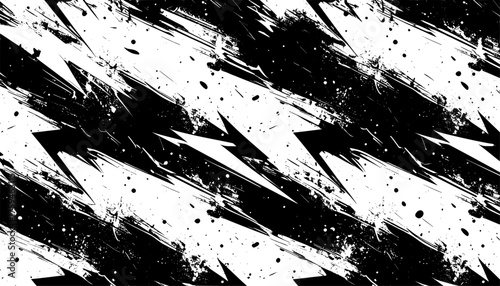 Abstract grunge black white pattern featuring dynamic splatters, sharp angular shapes, and high contrast for urban, edgy, and modern design applications.